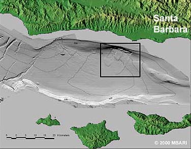 The boxed area in this map (enlarged below) shows a large submarine landslide near Santa Barbara, California, which MBARI researchers will be revisiting during late February 2005. Illustration: (c) 2000 MBARI