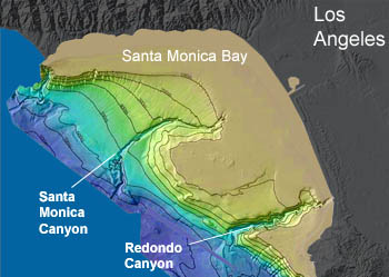 This map shows Santa Monica Bay and the Santa Monica and Redondo Submarine Canyons, which MBARI geologists are exploring with ROV Tiburon. Base map courtesy of US Geological Survey.