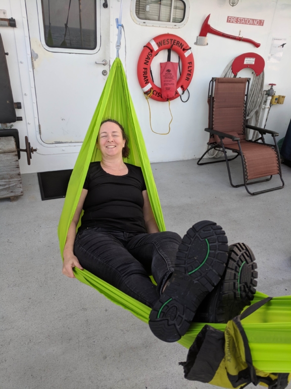 Karen Osborn relaxes in her hammock