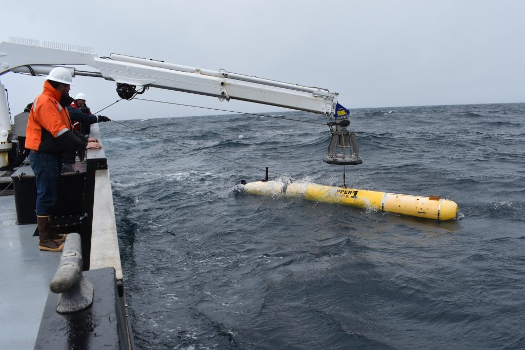 Three members of MBARI’s marine operations crew launch a yellow autonomous robot over the side of a research ship. They are wearing white hard hats, orange jackets, dark pants, and brown boots. A white metal crane on the left side of the frame is lowering a cylindrical robot into the ocean on the right side of the frame. Crew members are holding a rope connected to a robot being lowered into the ocean on the right side of the frame. The background is gray-blue ocean with overcast gray sky on the horizon.
