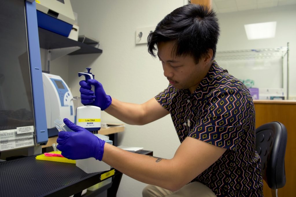 An intern wearing purple gloves uses a pipette to load DNA samples into a clear plastic tray. He is seated next to a counter with DNA sampling instruments. In the background is a genetics lab.
