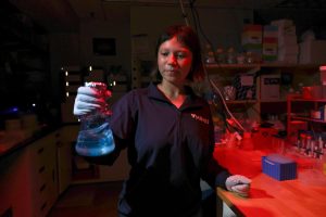 A summer intern wearing white gloves swirls a glass flask of microscopic organisms producing blue luminescence. She is standing in a research lab illuminated in red light, with assorted science equipment in the background.
