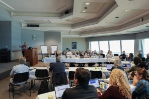 A scientist presents to a room of workshop participants. The scientist has blonde hair and is wearing a striped sweater and black pants. She is standing behind a wooden podium and pointing to a screen out of frame. In front of her are dozens of workshop participants seated around tables draped in white tablecloths. In the background are the gray walls of a conference room and windows looking out to bright blue sky.