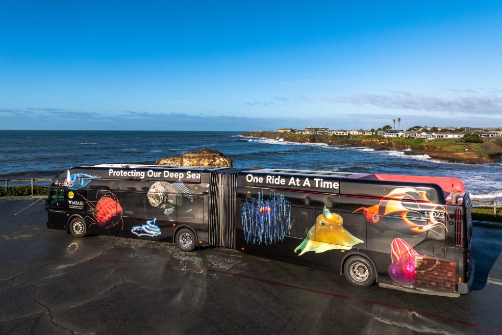 A large black bus with a black accordion center parked along the Santa Cruz coastline. The bus features large images of animals, including a transparent squid, a red jelly, a white rope-like siphonophore, a brown fish, a transparent jelly, an orange flapjack octopus, a red vampire squid, and a red comb jelly. The bus also has large white text reading “Protecting Our Deep Sea One Ride At A Time.” This photo from a drone shows the bus parked on wet black asphalt with green plants, brown cliffs, blue ocean, white waves, blue sky, and gray clouds in the background.