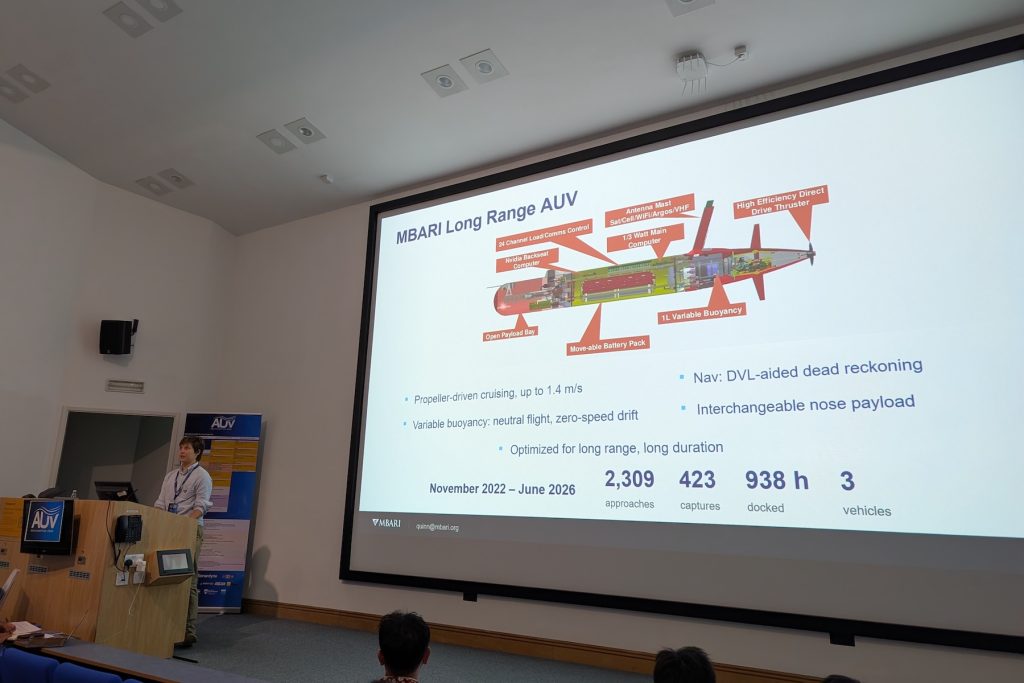 An MBARI engineer presenting at an engineering conference in a university classroom. The engineer is standing behind a wooden podium, in front of a projector screen displaying a slide identifying components on an MBARI long-range AUV.