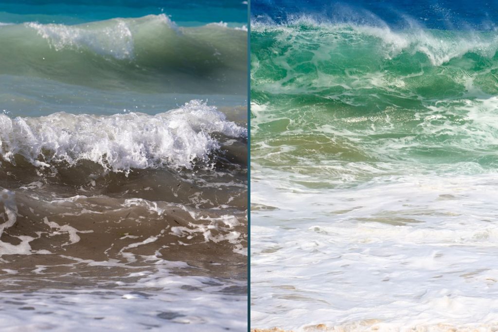 Side by side images of ocean waves; the left is brown and dull green, the right is clear green and blue
