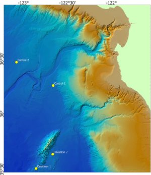 A color-coded bathymetric map shows the seafloor off the Central California coast. The land on the right side of the frame is represented in beige. The shallow seafloor near the coast is represented by a gradient of orange and yellow. Deep seafloor, including a deep-sea seamount at the bottom left of the frame, is represented with turquoise and dark blue. Four yellow dots mark study sites. Two are near the center of the frame, near the Monterey Canyon, and are labeled Control 1 and 2. Two are near Davidson Seamount at the bottom left of the frame and are labeled Davidson 1 and Davidson 2. On the left and top axes are latitude and longitude coordinates, respectively.