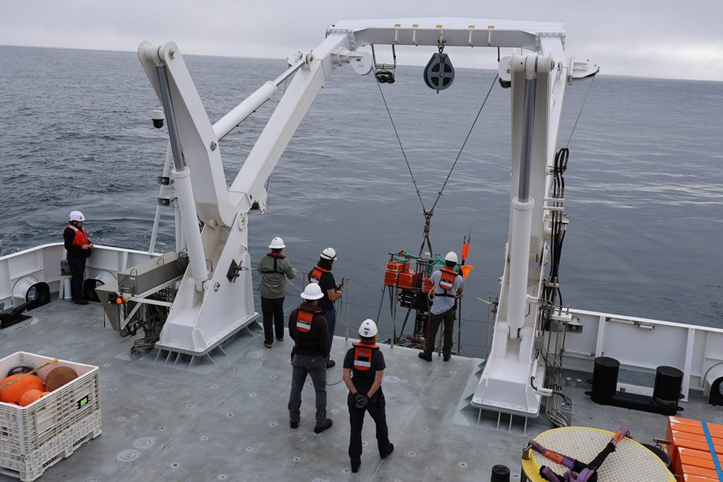 Five marine operations crew members deploy a scientific instrument from the back deck of a research ship. The crew are wearing white hard hats and orange life vests. The instrument has orange floats and a silver metal frame. It is suspended from a crane while two additional crew members observe from either side of the ship. The background is flat gray ocean, with overcast gray sky on the horizon.