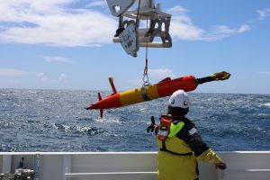 A marine operations crew member wearing a white hard hat and orange life vest prepares to recover an autonomous ocean robot from the deck of a research ship on a bright sunny day. The robot has a cylindrical plastic housing with an orange nose and tail cone and a yellow midsection. At the front of the robot are two metal arms with imaging instruments.