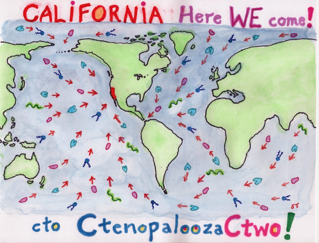 cartoon showing ctenophores from around the world coming to California