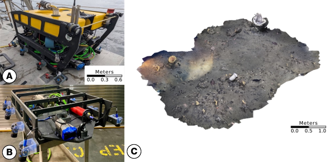A scientific figure illustrates the host vehicle, technical configuration, and high-resolution photogrammetric map data from a scientific instrument.