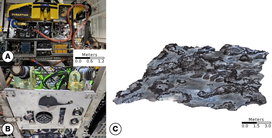 A scientific figure illustrates the host vehicle, technical configuration, and high-resolution photogrammetric map data from a scientific instrument.