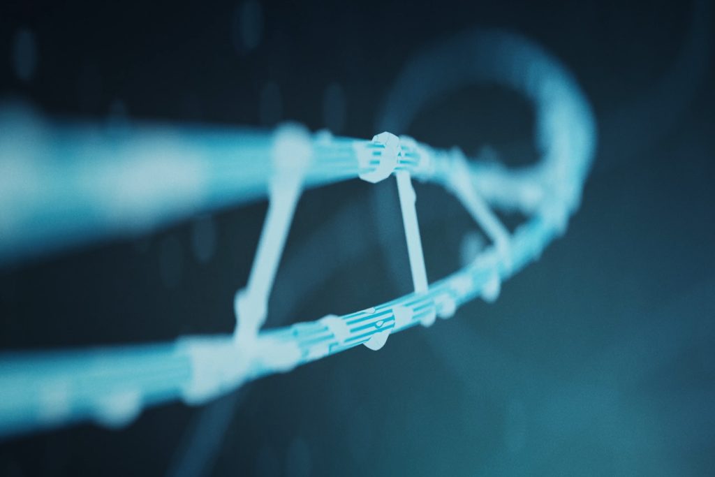 A screenshot from a computer animation shows a bright blue double-helix strand of DNA. The background is blurred blue DNA strands.