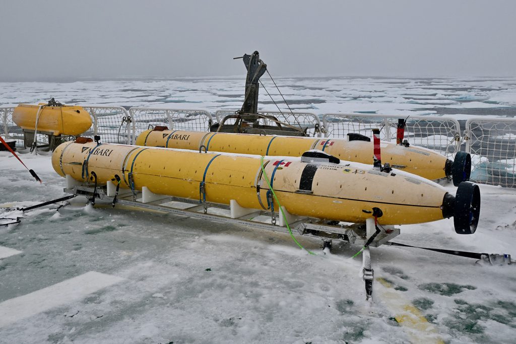 Two long yellow torpedo-shaped vehicles sit side-by-side, strapped to a ship deck. They both have MBARI’s logo on the side toward the front of the vehicle, on the left side in the photo. They also have a Canadian flag sticker on them, closer to the end of the vehicle. Their propellers are black. A yellow container is strapped to the deck to the left and behind the vehicles. The deck is covered in snow and ice. In the background, the ocean is dark grey with very dense sea ice cover. The sky is light grey.