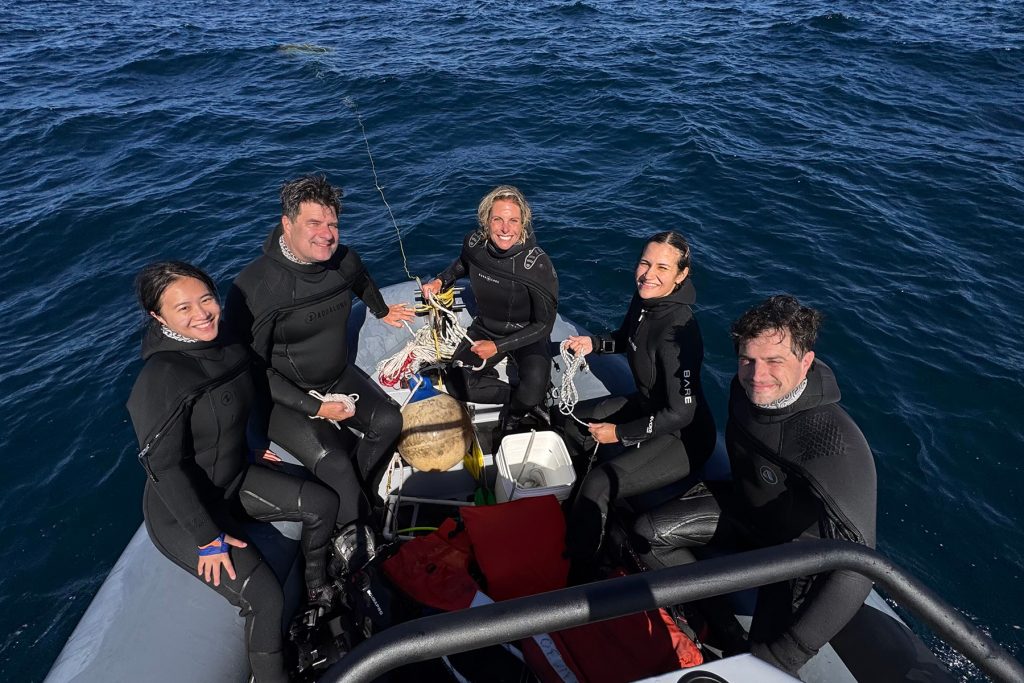 Five scuba divers in black wetsuits sit on the sides of an inflatable gray boat, surrounded by open blue water.