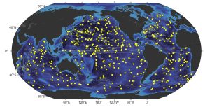 A stylized global map shows the locations of several hundred robotic floats deployed in the ocean.
