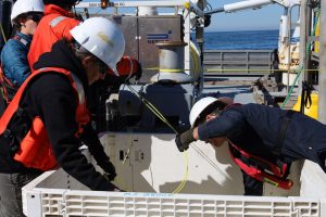 Two engineers wearing white hard hats and orange life vests collect a yellow fiber-optic cable after recovering a scientific instrument. The cable is tied around a silver cylinder and is wrapped up in a white plastic bin. In the background are maritime equipment and marine operations crew, with blue ocean and blue sky on the horizon.