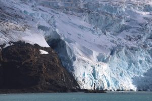A massive bluish-white glacier towers above the ocean. To the left of the frame is a large brown rocky cliff. In the foreground is greenish-blue ocean.