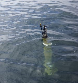 A robotic float drifts at the ocean’s surface. The float has a cylindrical yellow plastic housing underwater with black instruments at the top extending above the water’s surface. The background is rippled greenish-blue ocean.