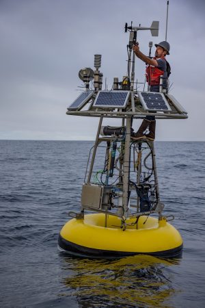 An engineer performs maintenance on a scientific mooring, bobbing at the ocean’s surface.