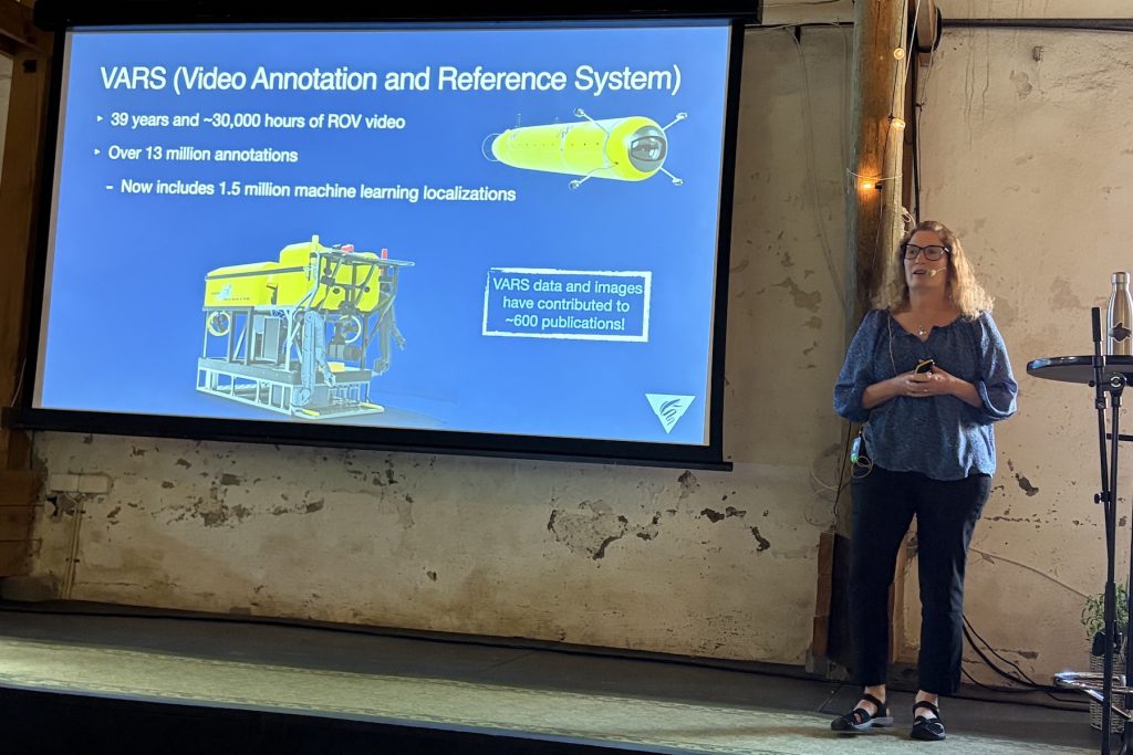 A researcher presents at a scientific conference. She is wearing a microphone headset and standing on a stage next to a high table with a bottle of water. In the background is a projector screen hanging in front of a white stone wall. The screen is displaying a blue slide with statistics and technology illustrations, titled VARS (Video Annotation and Reference System).