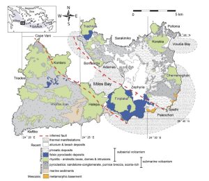 An illustrated map shows the locations of fault lines and eight different geological deposits around Milos, Greece.