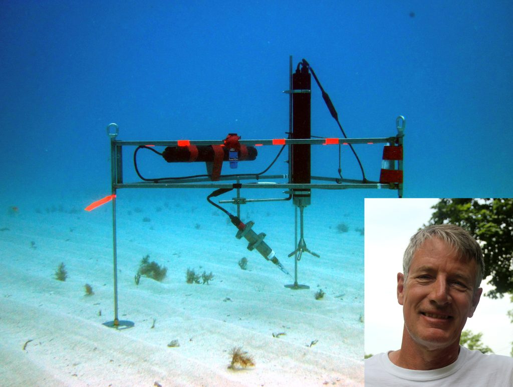 image of an instrument on the seafloor capable of measuring benthic oxygen flux with an inset image of Peter Berg.