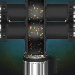 An illustration shows the design of a scientific instrument. At the center is a black plastic cylinder with several brown organic particles sinking through and landing on a round plate. At the bottom is the silver metal camera housing. On either side are two black cylinders intersecting the cylinder at the center. The background is blue-green water.