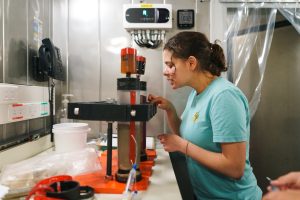 A scientist leans in to examine a collection of core samples containing brown mud. She is adjusting plastic tubes and syringes to collect water from the core samples. In the background are the silver metal walls of a cold lab and assorted scientific materials.