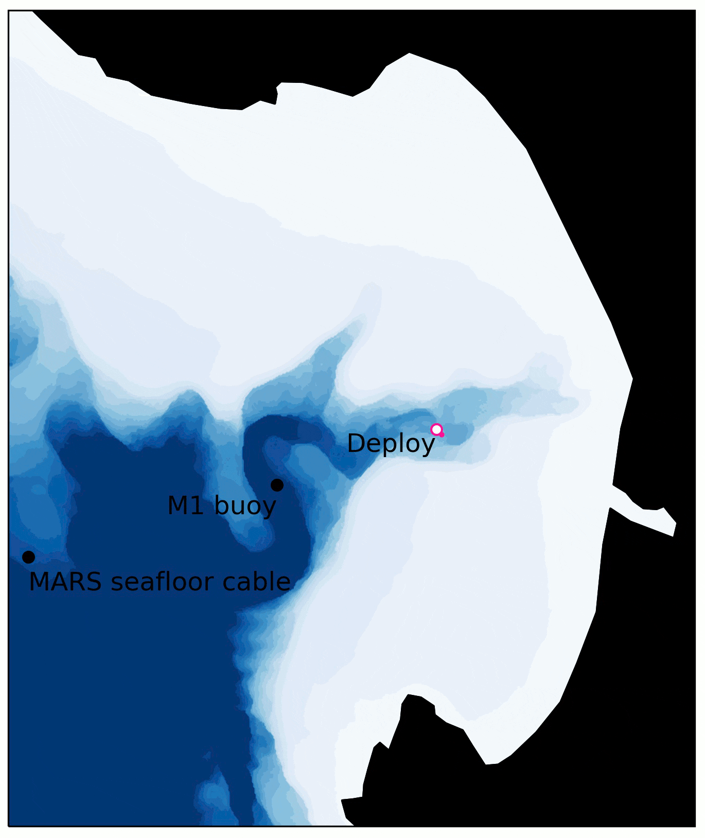 A map of Monterey Bay, including the bathymetry of the canyon with an animation of the path that our trap took between deployment and recovery.