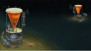 A scientific illustration shows two scientific instruments on the deep seafloor. The instrument on the left has a white lid, an orange plastic funnel, and a black cylinder above a round silver metal frame and a silver metal sphere. It is positioned on a hill next to a red crab. A silver fish is swimming around the bottom of the instrument. The instrument on the right has a white lid, an orange plastic funnel, and a black cylinder above a round silver metal frame. Two gray fish are swimming around the second instrument. Bits of yellow organic material are falling on the white lid of the instrument on the left, triggering the black cylinder to send green waves to the instrument on the right, which is responding by sending back green waves. The background is dark green, almost black, seafloor.