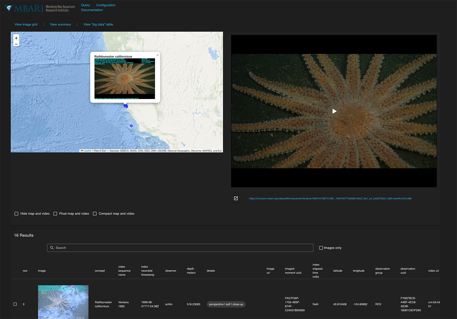 A screenshot of the VARS Query displaying Seastar and a map of the locations where it has been encountered.