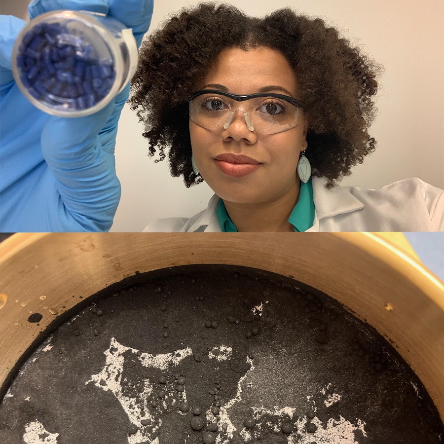 Photo of Dr. Imari Walker-Franklin (top) with image of tire rubble below