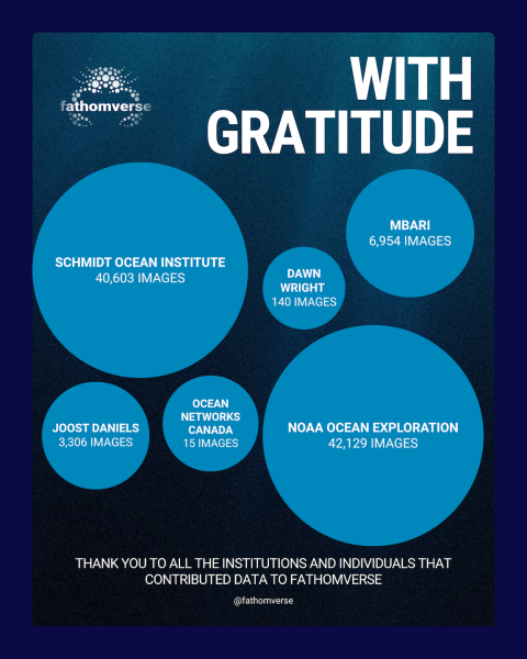 A promotional graphic titled With Gratitude acknowledges individuals and organizations that have contributed data and images to the Fathomverse mobile game, including Schmidt Ocean Institute, MBARI, Dawn Wright, Joost Daniels, Ocean Networks Canada, and NOAA Ocean Exploration, with blue bubbles of sizes relative to their contributions and specific image counts listed beneath each name.