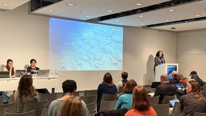 A science communicator presents at a scientific conference. The science communicator has curly black hair and is wearing glasses, a gray blazer, and a black shirt. She is standing behind a white podium displaying the logo for the Ocean Sciences Meeting 2026. In the foreground is an audience of attendees seated in beige chairs. On the left side of the frame are two panelists seated at a white table. In the background is a white wall with video projected on it.