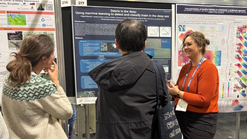 A research technician speaks with attendees at a scientific conference. The research technician has long brown hair pulled up in a bun and is wearing a blue lanyard identification badge, an orange sweater, black pants, and black boots. She is standing in front of a scientific poster mounted to a black board and speaking to two conference attendees who have their backs to the camera.