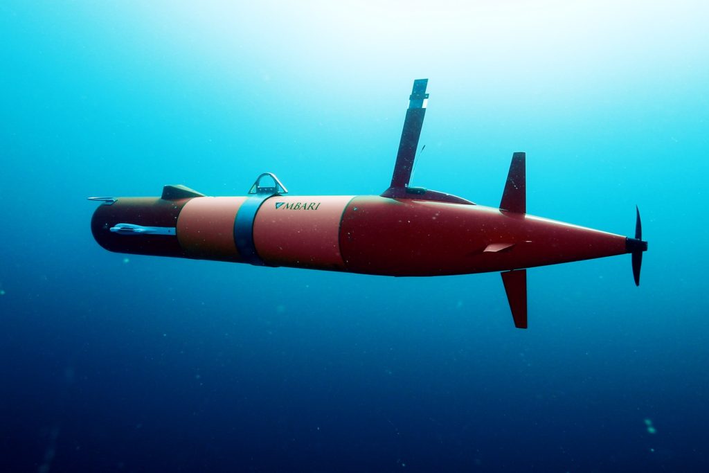 Long-range autonomous underwater vehicle (AUV) flies underwater.